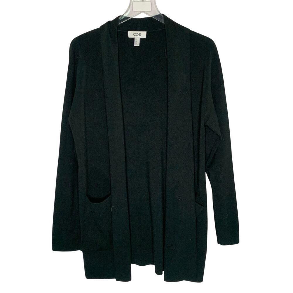 COS Black Open Front Cardigan S Long Sleeves Front Patch Pockets Wool